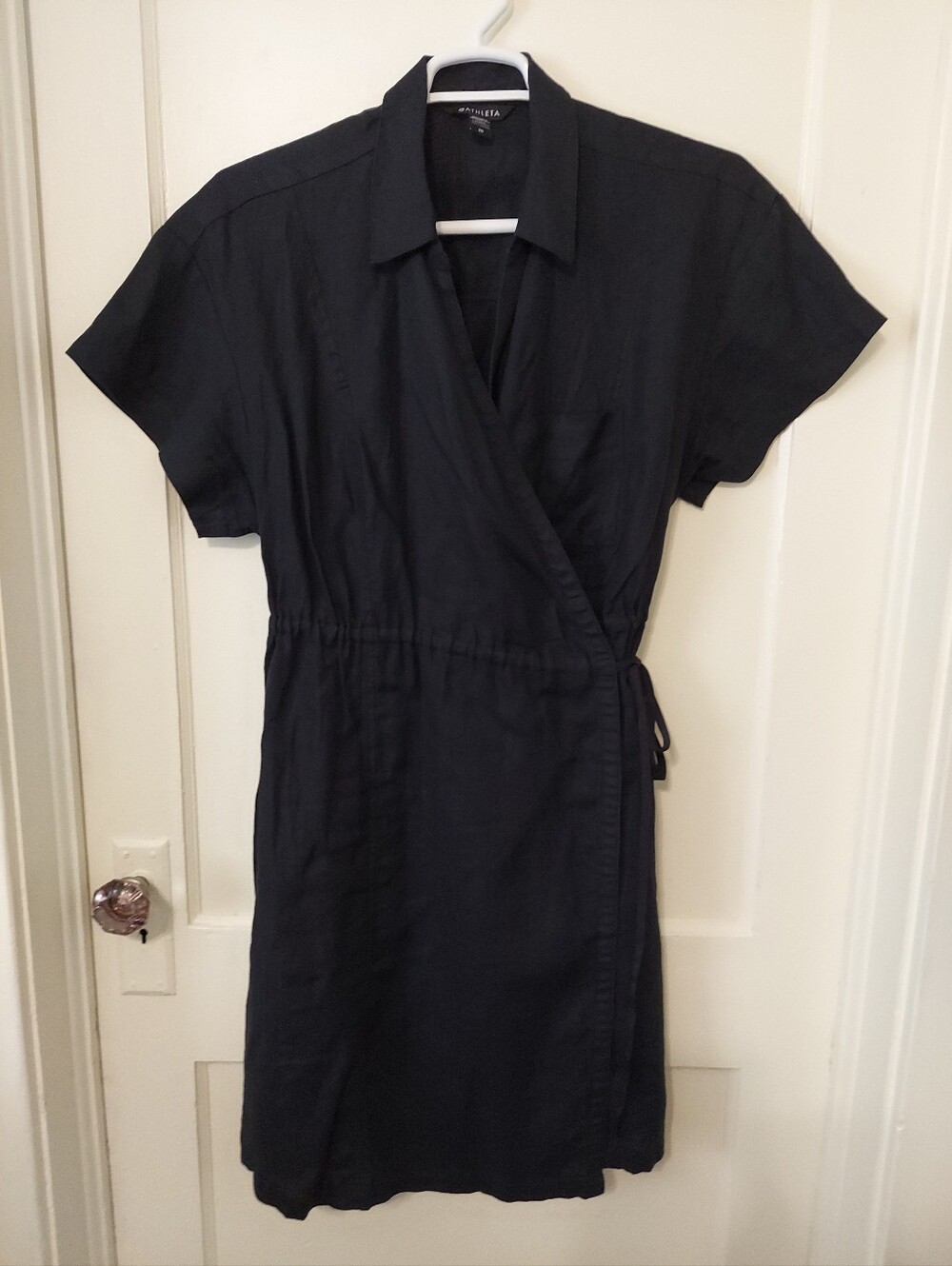 Athleta Playa Wrap Dress Womens 20 Black 100% Linen Pockets Coastal Resort